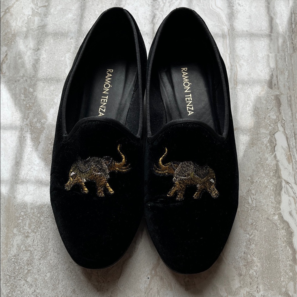 Ramon Tenza Black Velvet Loafers with Gold Elephant Embroidery, 7